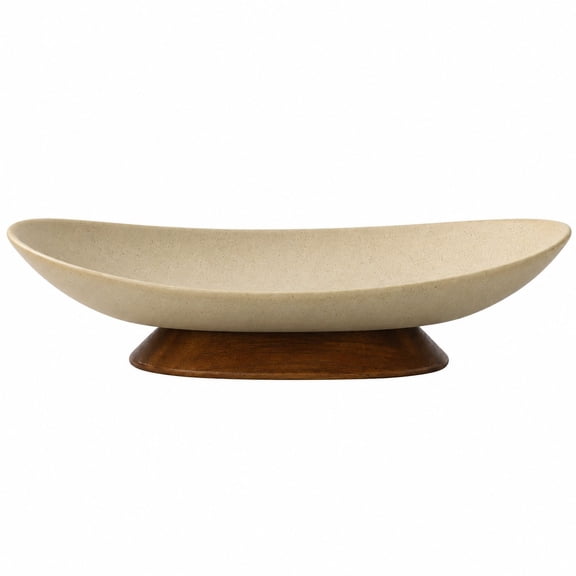 Ceramic Serving Tray With Wooden Base, Elegant Oval Decorative Dish, Modern Centerpiece Plate For Fruit Dessert Snacks Home Table Decor