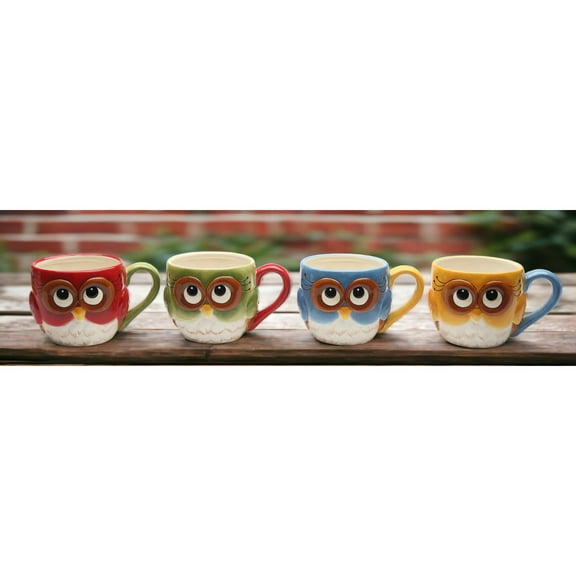 Ceramic Set of 4 Owl Mugs Colorful or Birdwatcher