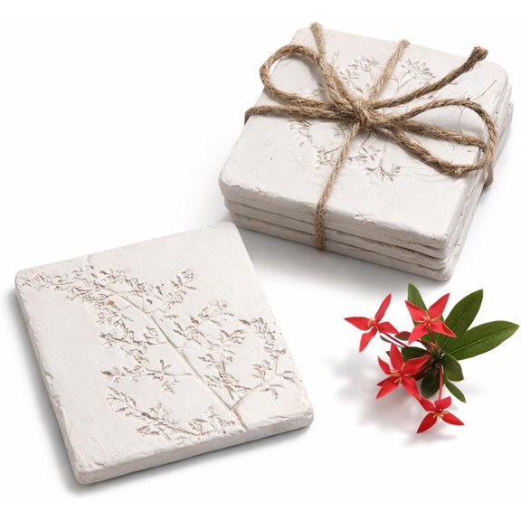 Ceramic Set of 4 White Vintage Engraved Flower Design, Non-Slip Cork Base for Coffee Table, Bar & Home Decor