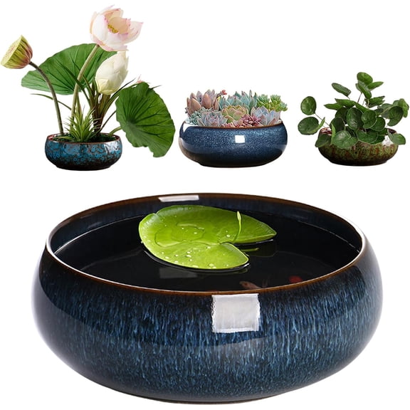 Ceramic Shallow Bowl Planter, Round, 6.6 in, Succulent, Lotus, Bonsai