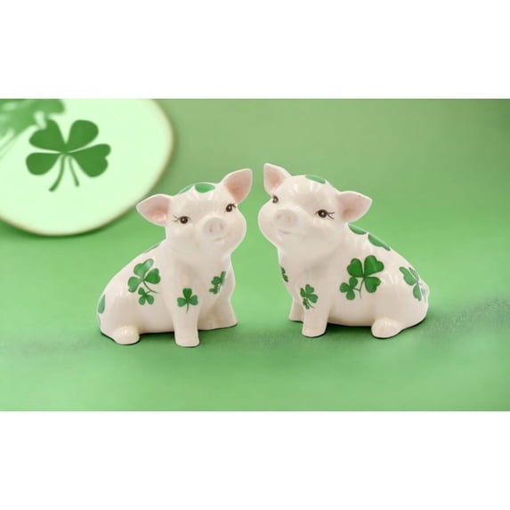 Ceramic Shamrock Pig Salt and Pepper Shakers 3.5 Inch St. Patricks Day Decor