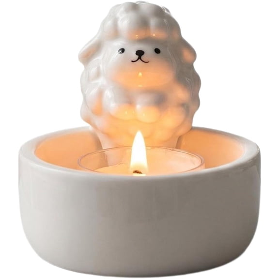 Ceramic Sheep Candle Holder, Cartoon Animal Decorative Stand, For Home Desk Office Ambient Lighting