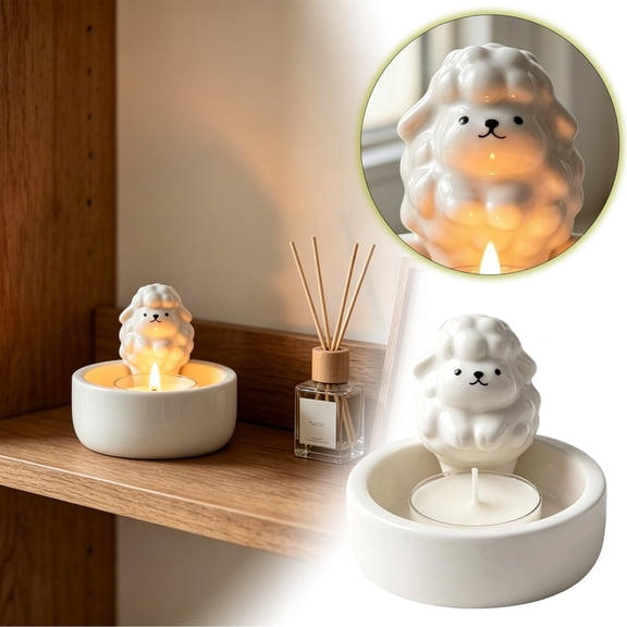 Ceramic Sheep Candle Holder, Cute Cartoon Lamb Scented Candle Lamp, Candlestick for Sheep Lover Gift Home Decor, Aromatherapy Candle Included Tea Light Holder for Living Room