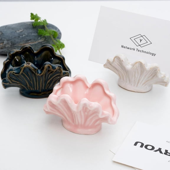 Ceramic Shell Business Card Holder Set of 3 - Pink, White, Blue - Boho Vertical Desk Organizer and Business Card Display for Office,Wedding,Home Decor- Cute Desk Accessories and Unique Gift