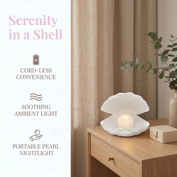 Ceramic Shell Pearl Light - White Led Clam Lamp with Removable Pearl Battery Operated Soft Light for Room Tabletop Decor, Ideal Birthday