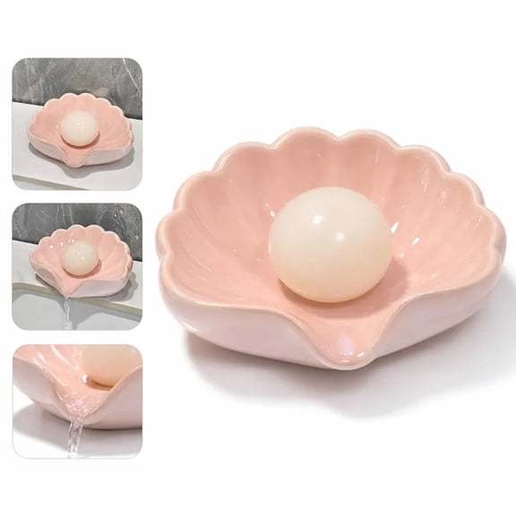 Ceramic Shell Soap Dish, Iridescent Pearl Seashell Soap Holder Tray with Draining Design, Elegant Bathroom Vanity Countertop Accessory