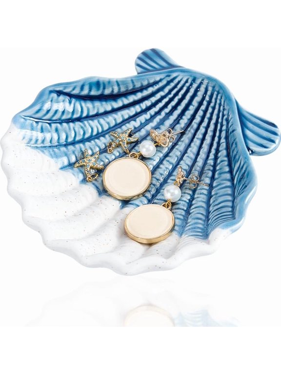 Ceramic Shell Tray Blue Jewelry Dish Ring Holder Organizer Ocean Sea Style Earrings Necklace Storage Decorative Small Key Bowl Plate for Watch Trinket Entryway Table Home Party Decor Steel Blue