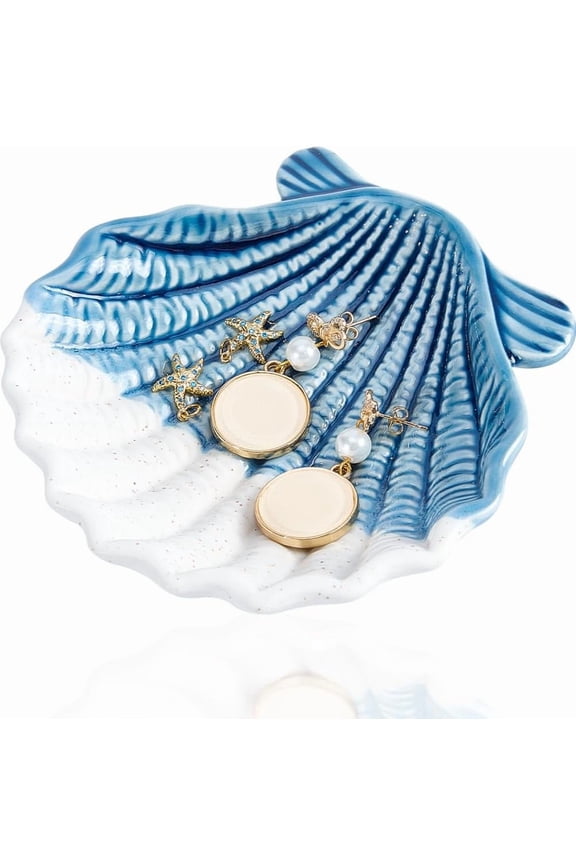 Ceramic Shell Tray Blue Jewelry Dish Ring Holder Organizer Ocean Sea Style Earrings Necklace Storage Decorative Small Key Bowl Plate for Watch Trinket Entryway Table Home Party Decor Steel Blue