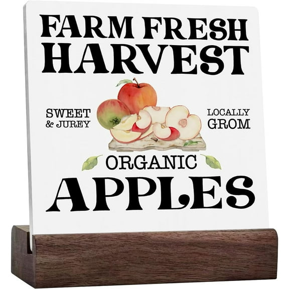 Ceramic Sign 4x4 Inch Apple Ceramic Desk Sign Apple Kitchen Decor Summer Gifts Summer Decorations For Home Farmhouse Desk Decor Plaque Sign with Wood Stand For Table Tiered Tray Home Farmhouse