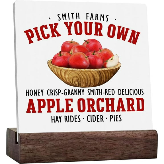 Ceramic Sign 4x4 Inch Apple Ceramic Desk Sign Apple Kitchen Decor Summer Gifts Summer Decorations For Home Farmhouse Desk Decor Plaque Sign with Wood Stand For Table Living Room Farmhouse Home