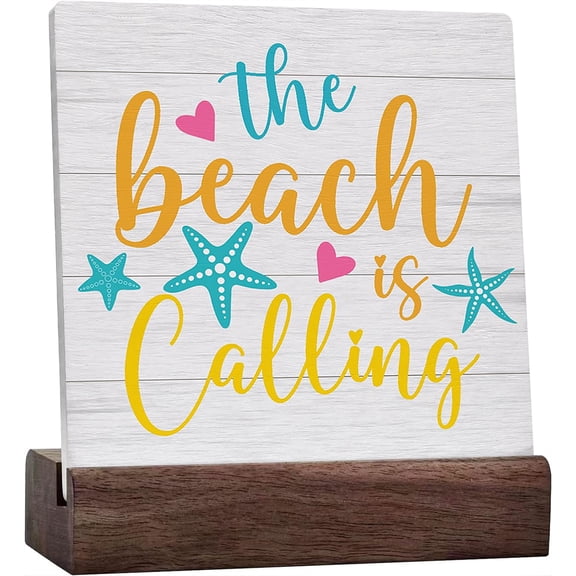 Ceramic Sign 4x4 Inch Beach Beach House Desk Decor Beach Table Decor Gifts For Beach Lovers Women Men The Beach Is Calling Coastal Ceramic Plaque Table Decor Desk Sign For Beach House Home Shelf Decor