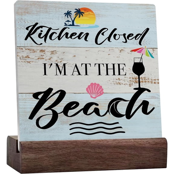 Ceramic Sign 4x4 Inch Beach Sign Beach Decor Beach Gifts Desk Decor Beach House Decor Black Table Decor Ceramic Desk Sign For Home Farmhouse Shelf Table Decoration Kitchen Closed I'M At The Beach