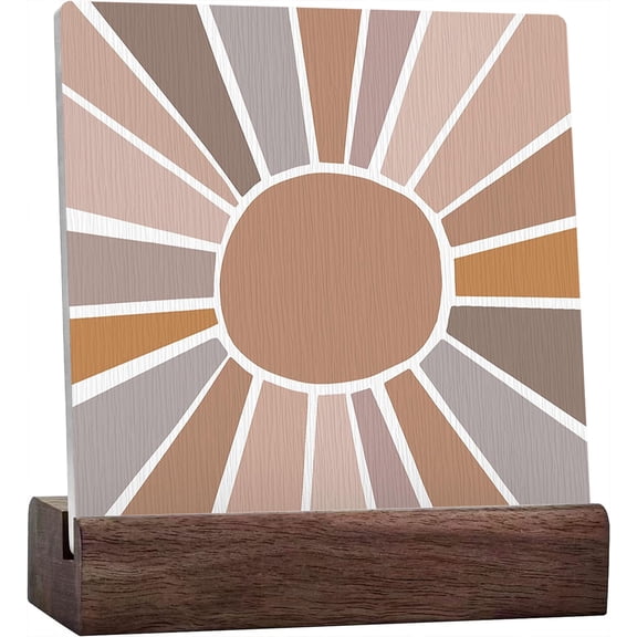 Ceramic Sign 4x4 Inch Boho Plaque Sign with Wood Stand Boho Sun Sunrise Sunray Desk Decor Boho Room Decor For Mid Century Bohemian Sun Ceramic Plaque Table Decor Desk Sign For Office Home Shelf Decor