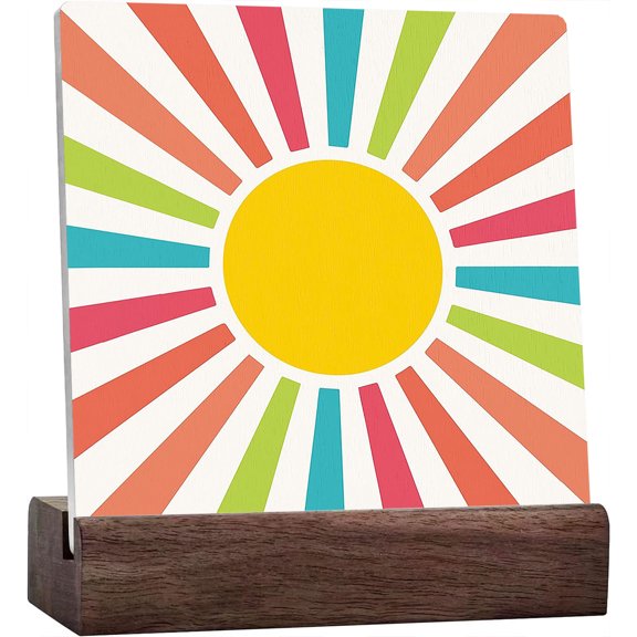 Ceramic Sign 4x4 Inch Boho Yellow Sun Colorful Sunshine Desk Decor Boho Mid Century Modern Ceramic Plaque Table Decor Desk Sign For Home Room Playroom Classroom Shelf Table Decor Gift For Women Men