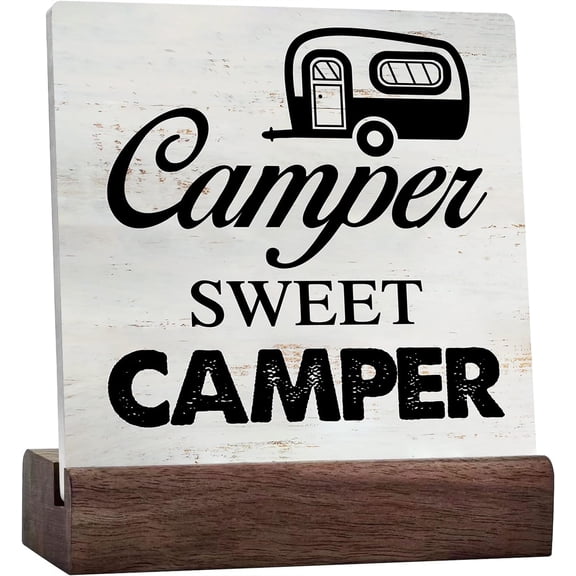 Ceramic Sign 4x4 Inch Camper Sweet Camper Camping Ceramic Plaque Sign With Sayings Desk Decor Travel Trailer Plaque Sign with Wooden Stand Rustic Decor Gift For Women Men