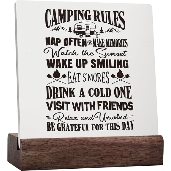 Ceramic Sign 4x4 Inch Camping Rules Decor Campers Camping Lovers Gifts Rustic Camping Ceramic Plaque Table Decor Desk Sign For Home Travel Trailer Rv Camper Campsite Desk Shelf Decorations