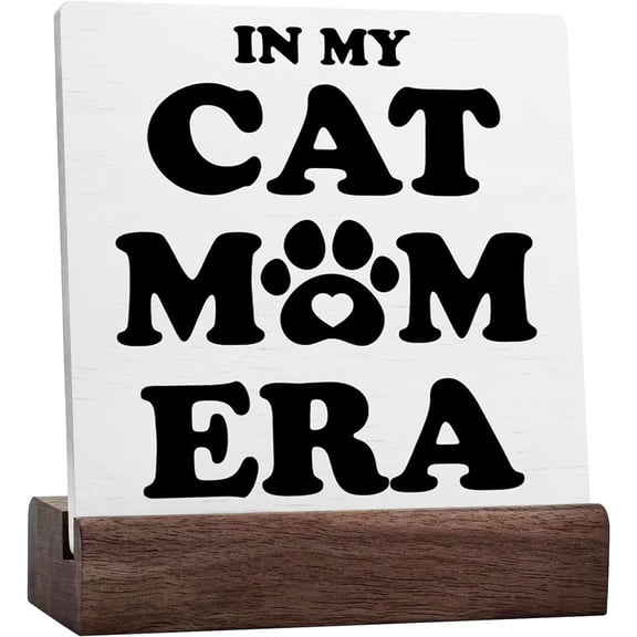 Ceramic Sign 4x4 Inch Cat Mom Gifts For Women Cat Lover Owner Mother'S Day Gifts For Cat Lover Mom Cat Decor Plaque Sign with Wood Stand Cat Desk Decoration For Home In My Cat Mom Era Gift For Women