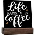 thumbnail image 1 of Ceramic Sign 4x4 Inch Coffee Bar Wooden Sign Life Begins After Coffee Ceramic Desk Sign Plaque Coffee Table Decorations For Kitchen Home Office Shelf Decor Plaque with Wooden Stand Gift For Women Men, 1 of 7
