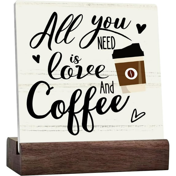 Ceramic Sign 4x4 Inch Coffee Decor Ceramic Desk Sign Plaque with Wooden Stand Desk Decor All You Need Is Love And Coffee Ceramic Signs Coffee Table Decorations For Coffee Bar Home Office Shelf Decor