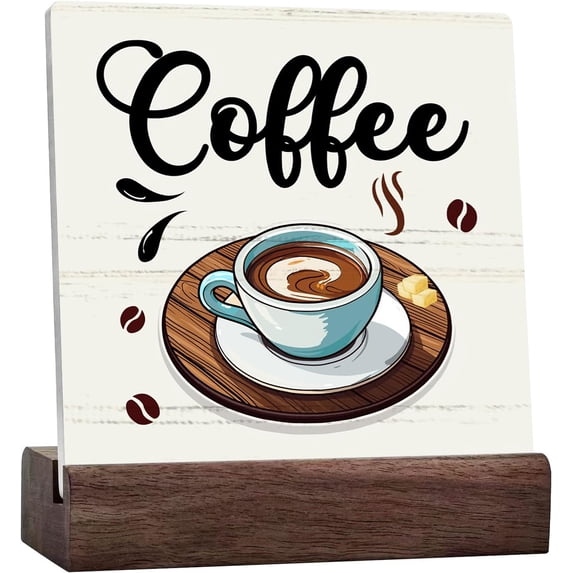 Ceramic Sign 4x4 Inch Coffee Sign Ceramic Desk Sign Plaque with Wooden Stand Desk Decor Coffee Decor Ceramic Signs Coffee Table Decorations For Coffee Bar Home Office Shelf Decor Gift For Women Men