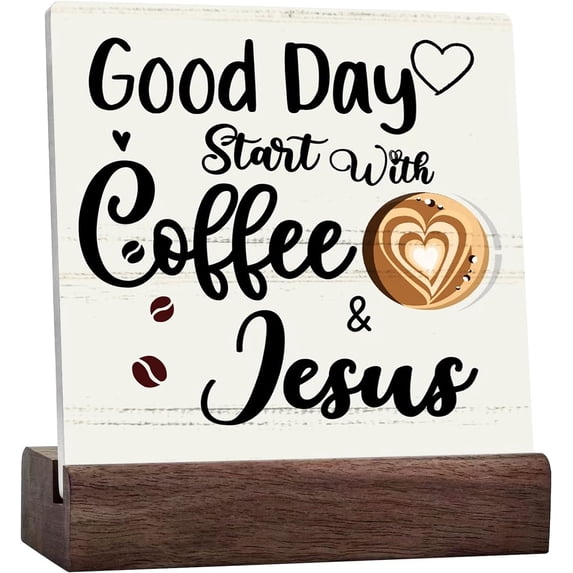 Ceramic Sign 4x4 Inch Coffee Sign Ceramic Desk Sign Plaque with Wooden Stand Desk Decor Good Day Start With Coffee And Jesus Coffee Table Decorations For Coffee Bar Home Office Shelf Decor