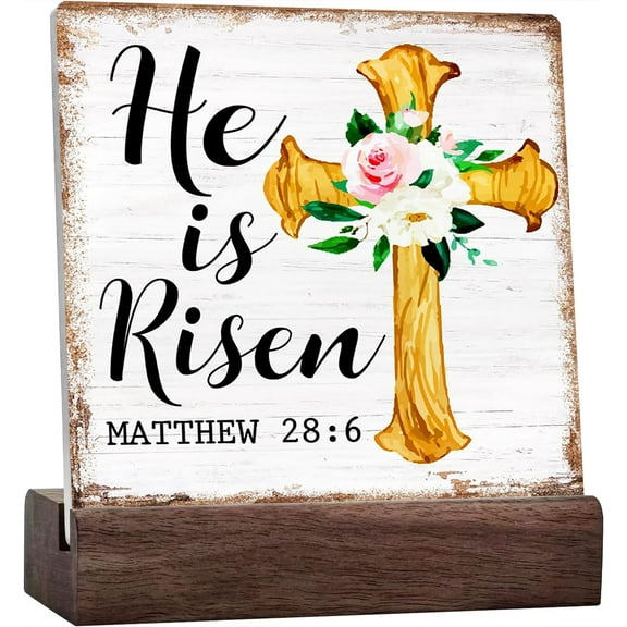Ceramic Sign 4x4 Inch Easter Religious Desk Decor Matthew 286 Wood Sign He Is Risen Cross Sign Easter Christian Desk Sign Plaque with Wooden Stand Table Shelf Decoration For Home Office