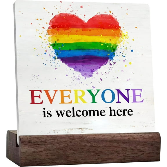 Ceramic Sign 4x4 Inch Everyone Is Welcome Here Equality Ceramic Plaque Sign Desk Decor Diversity Plaque Sign with Wood Stand Home Office Classroom Decor Gift For Women Men