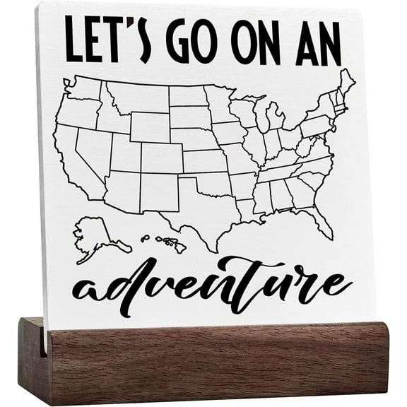 Ceramic Sign 4x4 Inch Farmhouse Camping Plaque Sign with Wood Stand Let'S Go On An Adventure Inspirational Camper Decor For Travel Trailers Camping Decorations For Rv Birthday Retirement