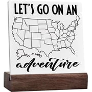 Ceramic Sign 4x4 Inch Farmhouse Camping Plaque Sign with Wood Stand LetS Go On An Adventure Inspirational Camper Decor For Travel Trailers Camping Decorations For Rv Birthday Retirement