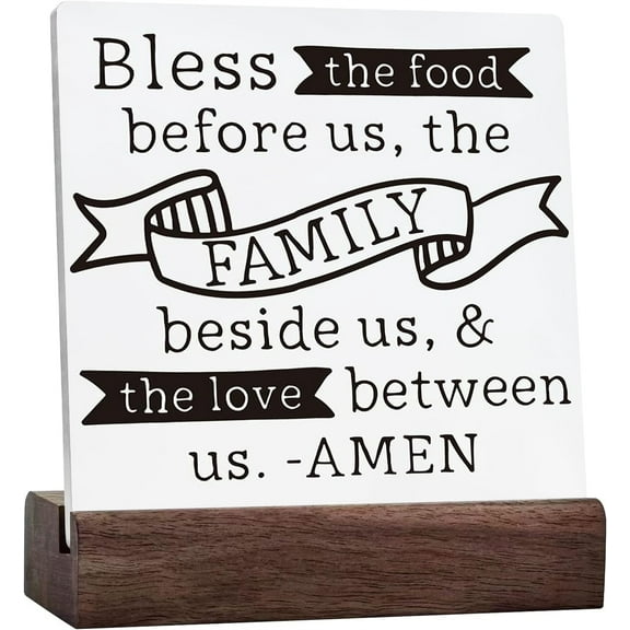 Ceramic Sign 4x4 Inch Farmhouse Kitchen Desk Sign Decor Bless The Food Before Us Christian Plaque Sign with Wooden Stand For Home Kitchen Shelf Table Decoration Gift For Women Men