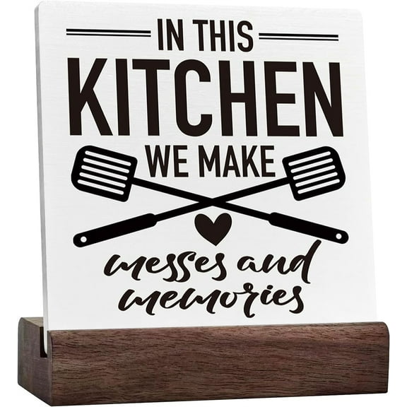 Ceramic Sign 4x4 Inch Farmhouse Kitchen Plaque Sign with Wood Stand We Make Messes And Memories Inspirational Kitchen Desk Counter Decor Motivational Kitchen Cabinets Decoration Kitchen Gift For Women