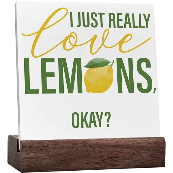 Ceramic Sign 4x4 Inch Farmhouse Kitchen Table Decor Plaque Sign with Wood Stand Lemon Kitchen Decor For Counter Summer Dining Room Table Cabinet Decoration Kitchen I Just Really Love Lemons