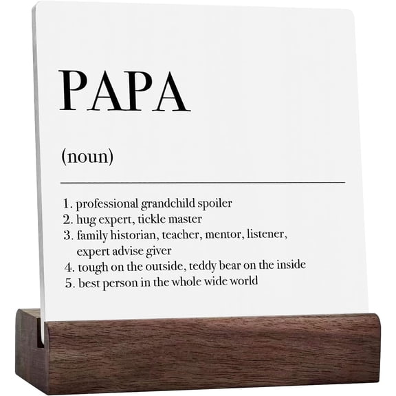 Ceramic Sign 4x4 Inch Funny Papa Definition Decorative Dad Gifts Office Desk Accessories Inspirational Grandpa Gifts Farmhouse Plaque Sign with Wood Stand Home Shelf Table Cubicle Decor Fathers Day