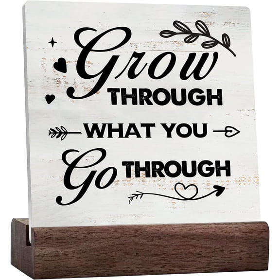 Ceramic Sign 4x4 Inch Grow Through What You Go Through Home Decor Rustic Inspirational Sayings Quote Ceramic Ceramic Desk Sign For Tabletop Desk Home Office Decoration Gift For Women Men
