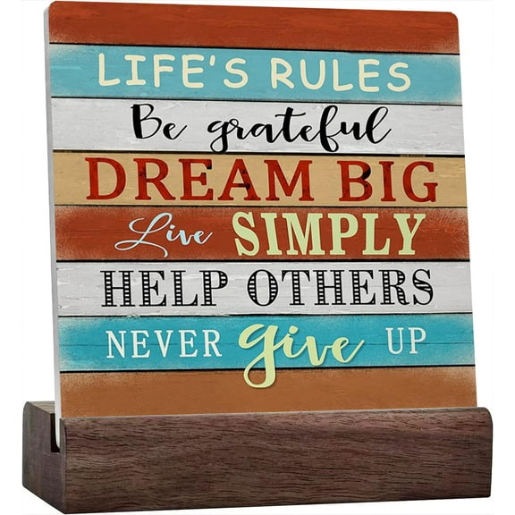 Ceramic Sign 4x4 Inch Home Decor Plaque Sign with Wood Stand Inspirational Decor Wooden Sign For Home Decor Life'S Rules Home Decor Signs Family Room Decor Gift For Women Men