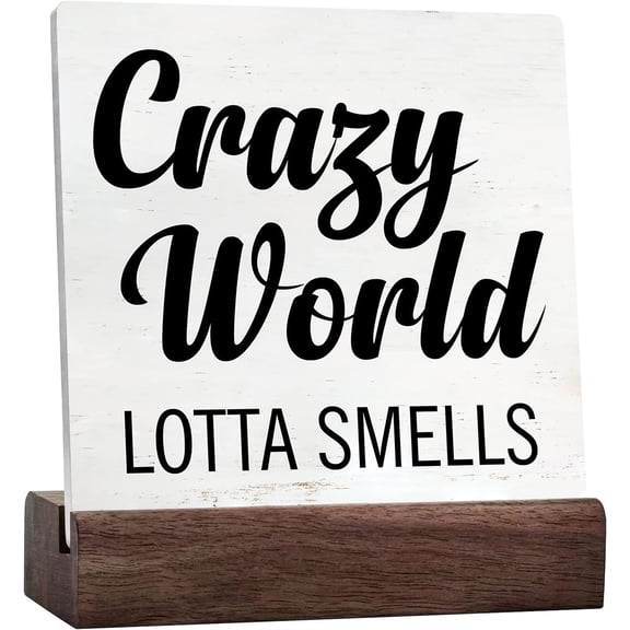 Ceramic Sign 4x4 Inch Humor Bathroom Ceramic Plaque Sign With Saying Desk Decor Crazy World Lotta Smells Plaque Sign with Wood Stand Rustic Home Guest Bath Toilet Restroom Decor Gift For Women Men