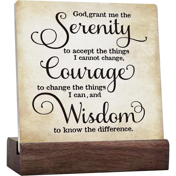 Ceramic Sign 4x4 Inch Inspirational Bible Verse God Grant Me The Serenity Courage Wisdom Scripture Desk Decor Rustic Scripture Ceramic Plaque With Wooden Stand For Home Office Shelf Table Decoration