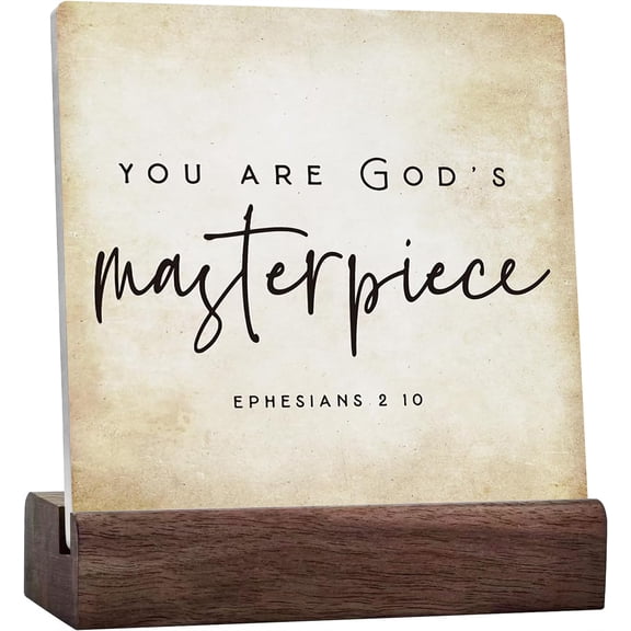 Ceramic Sign 4x4 Inch Inspirational Bible Verse You Are God's Masterpiece Ephesians Rustic Ceramic Plaque With Wooden Stand For Home Office Kids Nursery Shelf Table Decoration Christian Gift