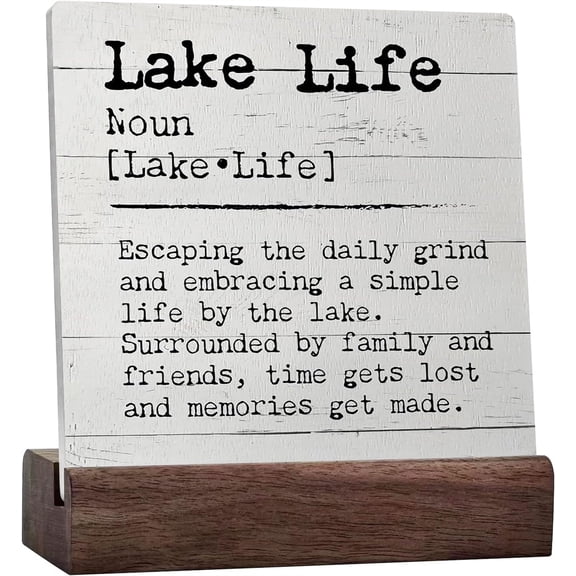 Ceramic Sign 4x4 Inch Lake Signs Lake Life Lake Life Decor Lake House Decor Lake Decor For The Home Lake Decor Lake Gifts Lake House Gifts Ceramic Desk Sign Plaque with Wooden Stand Gift For Women Men