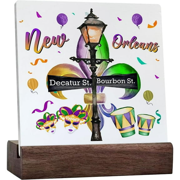Ceramic Sign 4x4 Inch Mardi Gras Decor New Orleans Mardi Gras Fat Tuesday Decorations For Home Kitchen Shelf Mardi Gras Party Ceramic Desk Sign Plaque with Wooden Stand Gift For Women Men