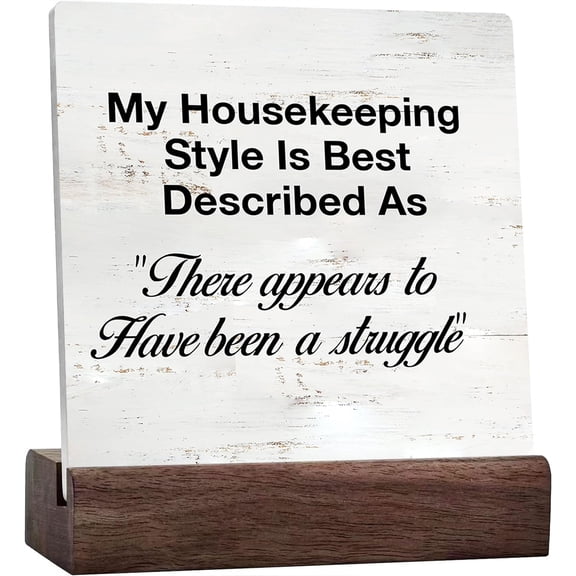 Ceramic Sign 4x4 Inch Plaque Sign with Wood Stand My Housekeeping Style Is Best Described Plaque Desk Sign Decor Wooden Plaque Sign Desk Decor For Home Bedroom Living Room Office Shelf Table Decor