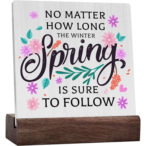 Ceramic Sign 4x4 Inch Positive Spring Rustic Farmhouse Country Home Office Desk Decor Cute Wood Sign Cubicle Bathroom Shelf Tiered Tray Decor Gift Ideas Spring Is Sure To Follow