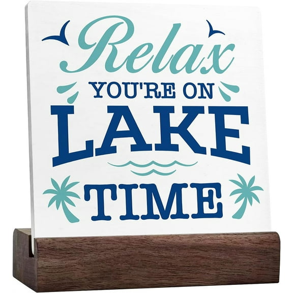 Ceramic Sign 4x4 Inch Relax You'Re On Lake Time Lake Wooden Plaque Sign Desk Decor Retro Lake Cabin Home Ceramic Plaque Sign with Wood Stand For Primitive Country Lake Farmhouse Shelf Table Decor