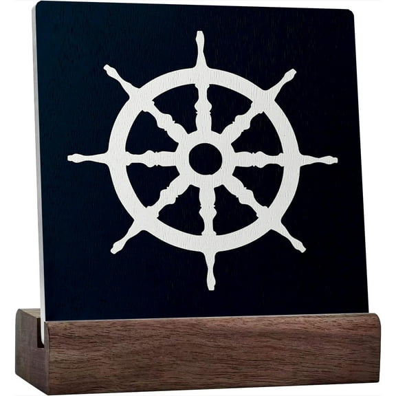 Ceramic Sign 4x4 Inch Retro Ship Steering Wheel Navy Ceramic Sign Desk Decor Nautical Plaque Sign with Wood Stand For Coastal Beach House Home Bathroom Boat Shelf Tabletop Decoration Ocean Lover Gifts