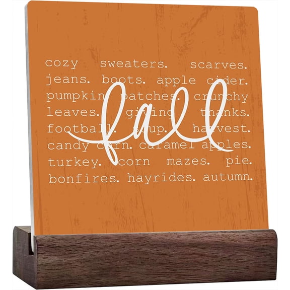 Ceramic Sign 4x4 Inch Rustic Autumn Fall Harvest Punpkins Plaque Sign with Wood Stand Farmhouse Fall Artwork Decor Fall Thanksgiving Vibes Ceramic Plaque Desk Sign Home Shelf Office Decoration
