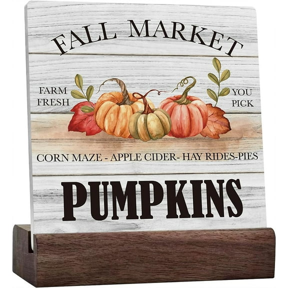 Ceramic Sign 4x4 Inch Rustic Fall Market Pumpkins Harvest Ceramic Desk Sign Farmhouse Retro Fall Artwork Decor Autumn Thanksgiving Harvest Ceramic Plaque Table Decor Home Shelf Office Decoration