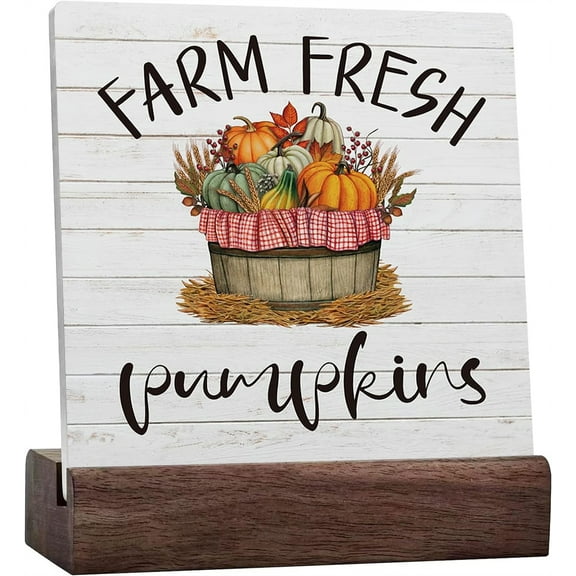 Ceramic Sign 4x4 Inch Rustic Farm Fresh Pumpkins Ceramic Desk Sign Farmhouse Retro Artwork Decor Autumn Thanksgiving Harvest Ceramic Plaque Table Decor Home Shelf Office Decoration Gift For Women Men