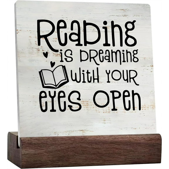 Ceramic Sign 4x4 Inch Rustic Reading Quote Ceramic Plaque Desk Sign Bookshelf Plaque Sign with Wood Stand Farmhouse Home Desk Shelf Decor For Bookworm Booklover Gift For Women Men