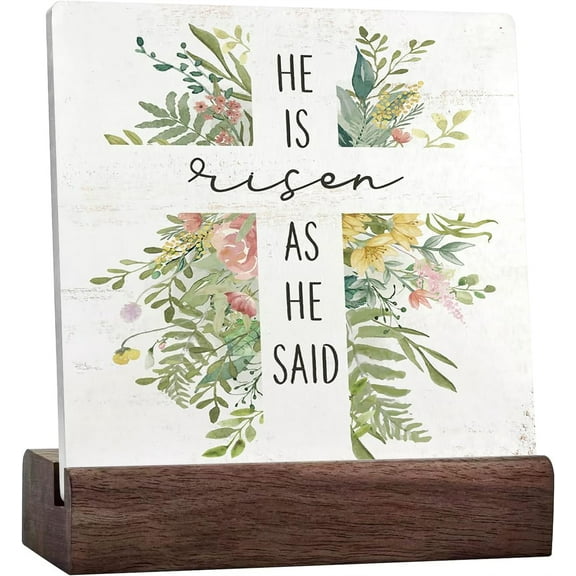 Ceramic Sign 4x4 Inch Spring Decor He Is Risen As He Said Sign Floral Easter Cross Ceramic Desk Sign Decorative Easter Decor Ceramic Sign Spring Easter Decor For Farmhouse Nursery Desk Shelf Table