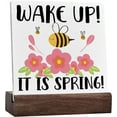 thumbnail image 1 of Ceramic Sign 4x4 Inch Spring Plaque Sign with Wood Stand Spring Table Decor Spring Flowers Bee Decoration Home Office Kitchen Spring Sign Decor Wake Up It'S Spring Gift For Women Men, 1 of 7